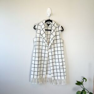 Tribal Women’s Plaid Open Front Longline Vest Fringe Detail Cream Size XS/S